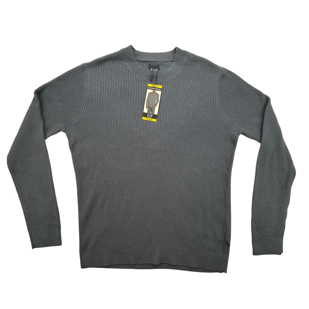 GAP Sweater Mens Medium Crew Neck Gray Waffle Knit Pullover Classic New Tag